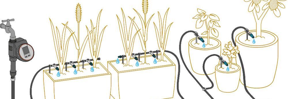 Schemazeichnung eines Micro-Drip-Systems, das diverse Pflanztöpfe mit Wasser versorgt